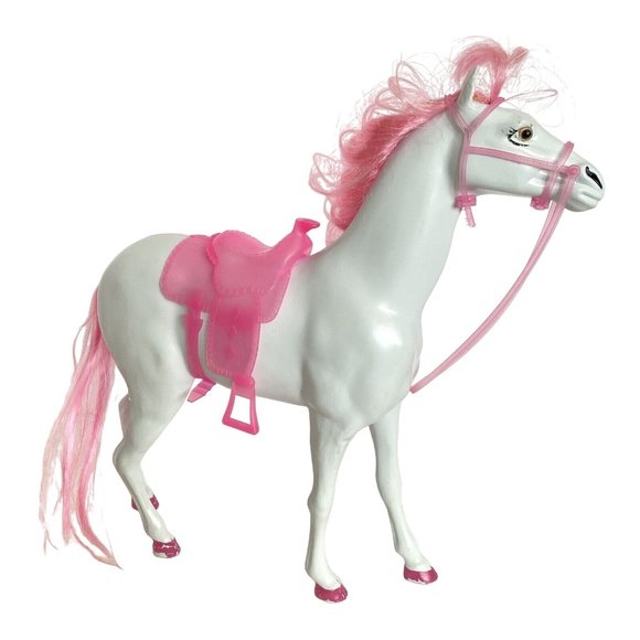 White Blow Mold Horse With Pink Hair Hooves Saddle Bridle 11in Tall - Picture 6 of 16